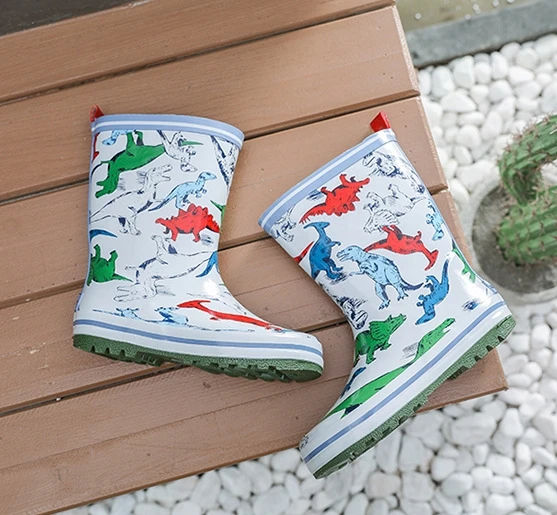 Детские Резиновые Нескользящие резиновые туфли; модные резиновые туфли с рисунком динозавра для мальчиков; водонепроницаемые Тапочки