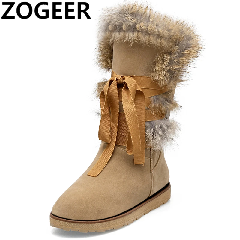 

Designer Cow Suede Women Winter Snow Boots Female Flat Heel Warm Mid-calf Boots Fox Fur Lace-up Platform Ladies Shoes Bottes