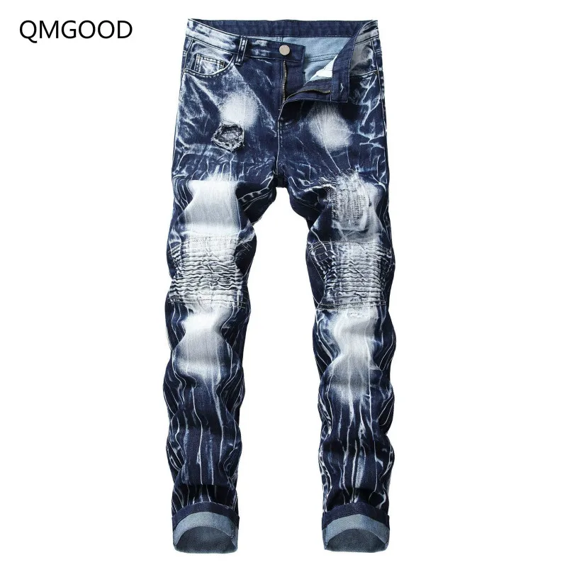QMGOOD осень Лидер продаж Новые байкерские джинсы для мужчин Мода 2018 г. хип хоп Узкие рваные джинсы для Джоггеры мужские прямые Джинс