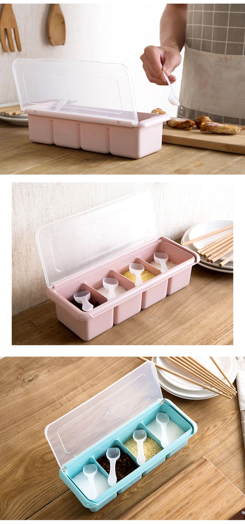 LIYIMENG Seasoning Jar Set Kitchen Four Grid Condiment Box Cruet Salt Pepper Shakers Seasoning Box Condiment Bottle B5