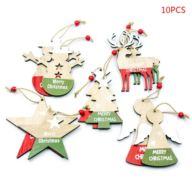 

10pcs Christmas Star Snowman Angel Deer Wooden Pendants Xmas Tree Ornament DIY Wood Crafts Kids Gift for Home Party Decoration