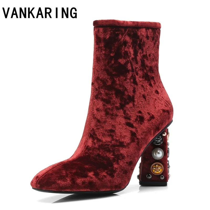 

VANKARING brand ladies riding boots square toe ankle boots for women crystal beading autumn boots comfortable casual dress shoes