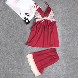 Женская пижама Сексуальный Атласный пижамный комплект белый кружевной пэчворк Пижама с v-образным вырезом без рукавов милый топ на