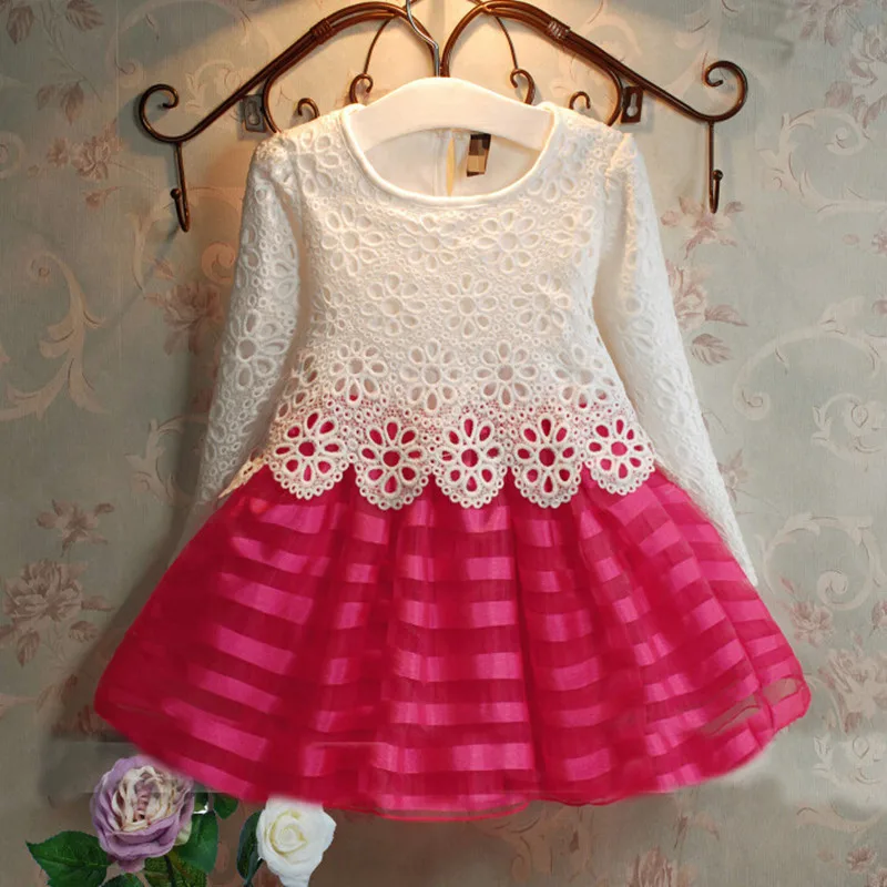 

2017 Autumn Girls Lace Dress Fashion Princess Girls Long Sleeve Cotton Dress Flower Girls Lace Party Dress Kids Clothes D0259