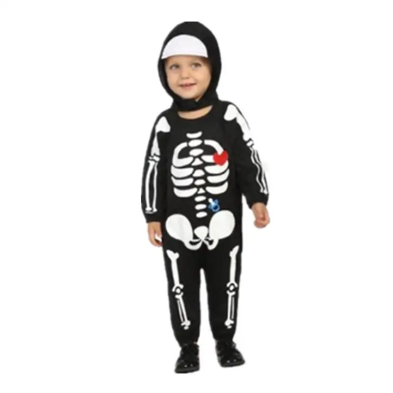 Halloween 70-80cm Toddles Skeleton Body Print Scary Costume Full Sleeve Turtleneck Strech Cosplay Costume Jumpsuit with Hat