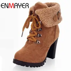Enmayer/Женская обувь, модные женские ботильоны на высоком каблуке, зимние ботинки на шнуровке, туфли-лодочки на платформе, сохраняющие тепло