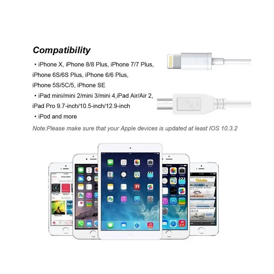  For L to Type-B MIDI Keyboard Converter USB 2.0 Cable for iPhone iPad X iPad