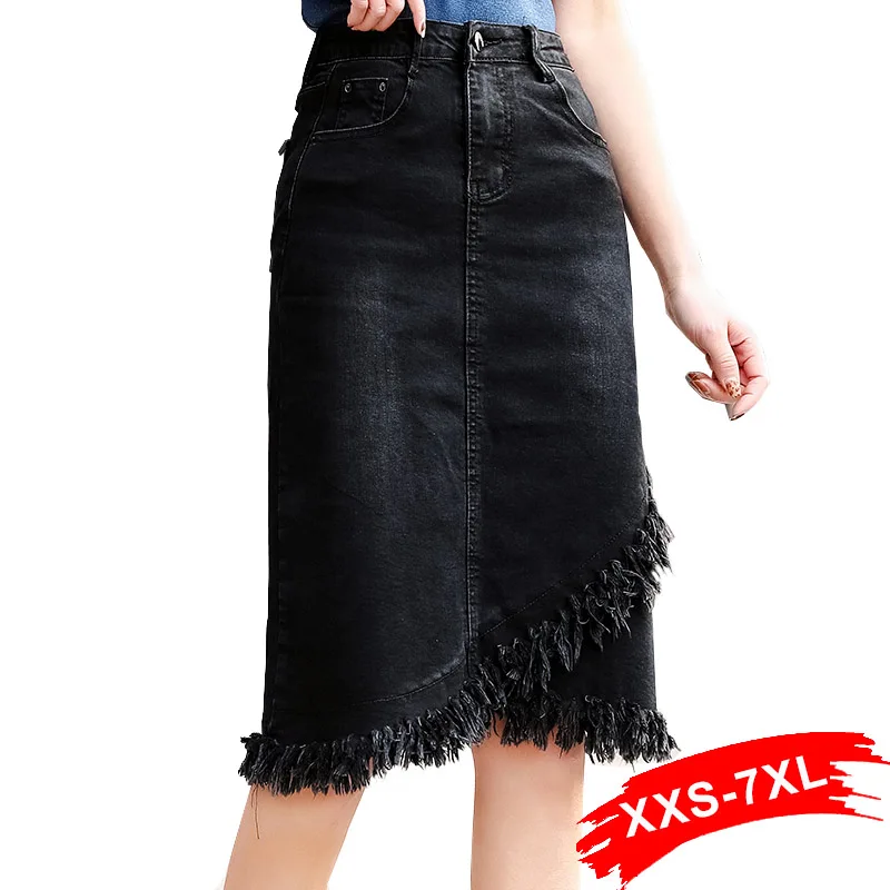 

Plus Size Tassel Hem Wrap Overlap Black Bodycon Denim Skirts 3Xl 5Xl 7Xl Spring Women Office Lady Workwear Midi Jeans Skirts