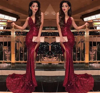 

2019 Burgundy V Neck Sequins Mermaid Prom Dresses Sexy High Slits Vestidos De Fiesta Sweep Train Formal Long Evening Party Prom