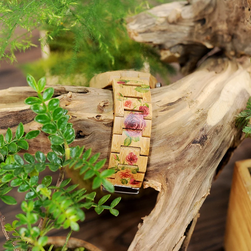 BOBO BIRD LD21 Handmade Men Watches Natural Bamboo Wooden Band Armbanduhr Printing Flowers Design Erkek Saat OEM