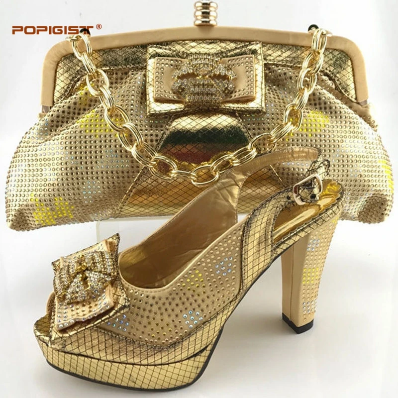 High quality Nigeria gold color wedding shoes Italian shoes and bags set to match free shipping