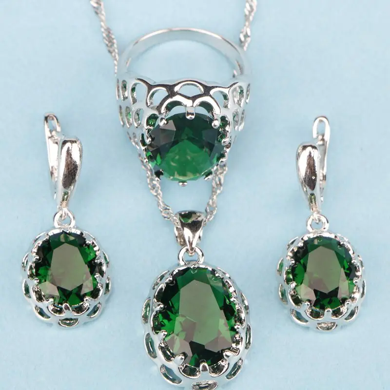 Зеленый имитированный Изумрудный фианит 925 пробы Серебряные Ювелирные наборы для женщин серьги/кулон/ожерелье/кольца/браслеты - Окраска металла: 3PCS