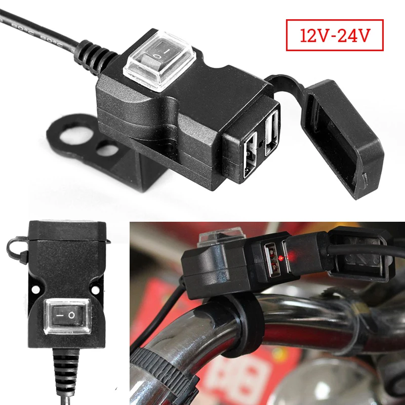 Черный мотоцикл зарядное устройство на руль USB разъем Переключатель крепления водонепроницаемый 12-24 В