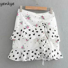 Мода Лоскутная Милая юбка с рюшами и цветочным принтом Женская передняя драпированная мини летняя юбка с высокой талией OZZ9070