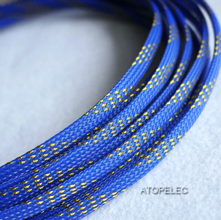 6 мм в ширину 1/" в плотной оплетке ПЭТ расширяемый кабель оболочка провода черный/красный/оранжевый/желтый/зеленый/синий/фиолетовый/серый/белый/прозрачный - Цвет: Blue Gold