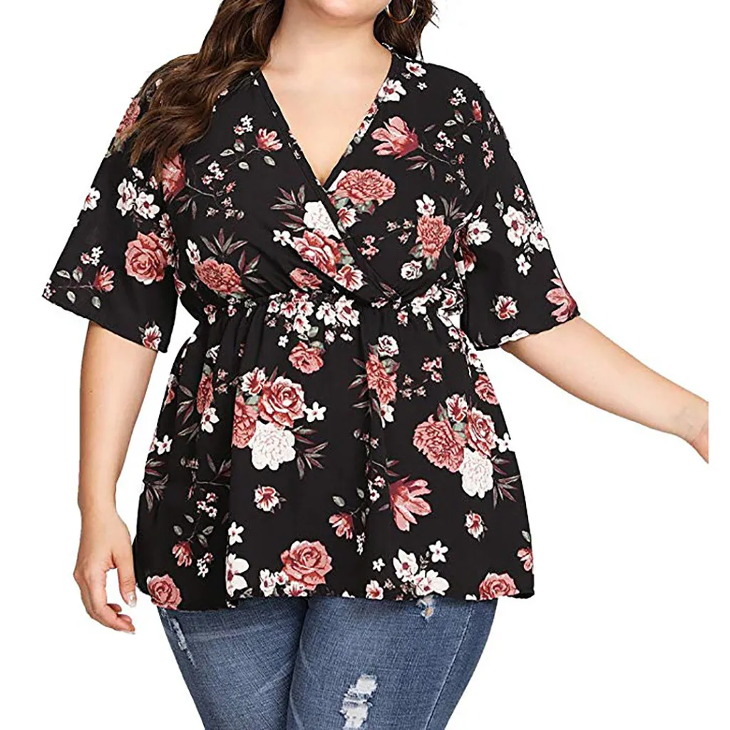 

Feitong Brand womens tops and blouses Plus Size 5XL Deep V-Neck Printed Bandage Large Code Tops Loose Shirt Blouse blusas mujer