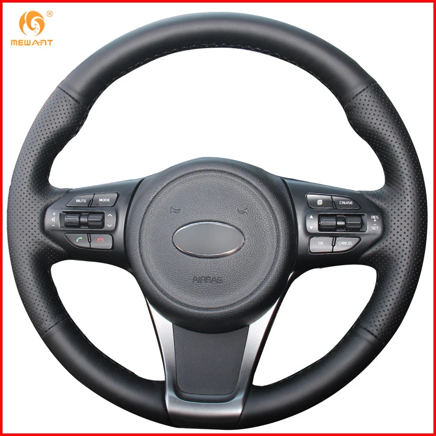 MEWANT Black Genuine Leather Car Steering Wheel Cover for