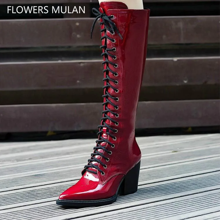 

Fashion Wine Red Black Shiny Patent Leather Winter Boots Women Knee High Pointed Toe High Spike Heel Rome Botas Cross Tied Shoes
