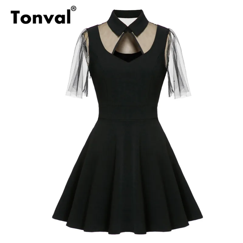 

Tonval A Line Black Mesh Short Sleeve Summer Dress Women Turn-Down Collar 2019 Hollow Out Front Sexy Party Mini Dresses