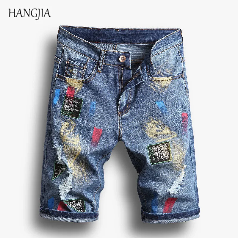 

[HANGJIA] Streetwear Graffiti Hole Denim Shorts Youth Fashion Hip Hop Stretch Knee Length Men Washed Distressed Slim Fit Jeans