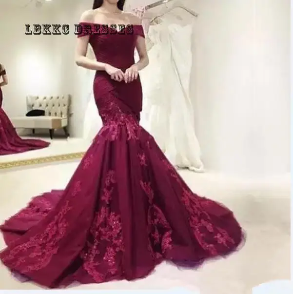 

Burgundy Evening Dress Long Mermaid Off Shoulder Lace Tulle Long Abiye Gece Elbisesi Moroccan Kaftan Evening Party Formal Dress