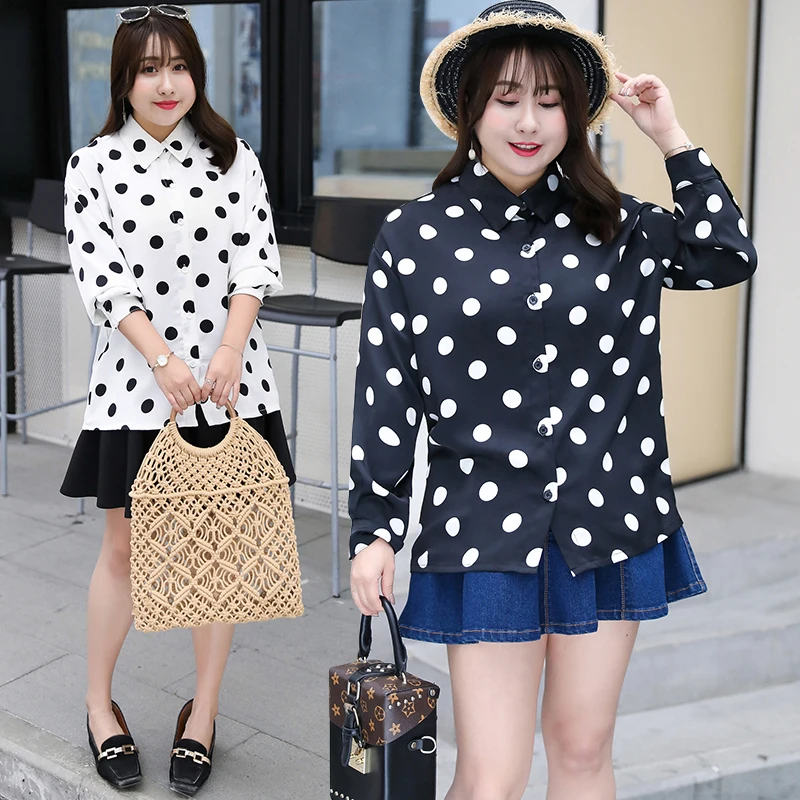 

Korean Style Sweet Chiffon Loose Full Sleeve Polka Dot Plus Size XL-4XL Women Blouses 2019 Spring New Top Selling Lady Shirts