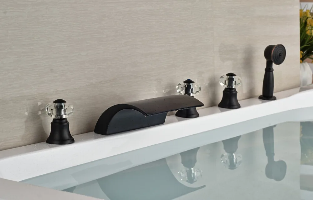 

Crystal Oil Rubbed Bronze Deck Mounted Mixer Tap Bathroom Tub Faucet With Hand Sprayer