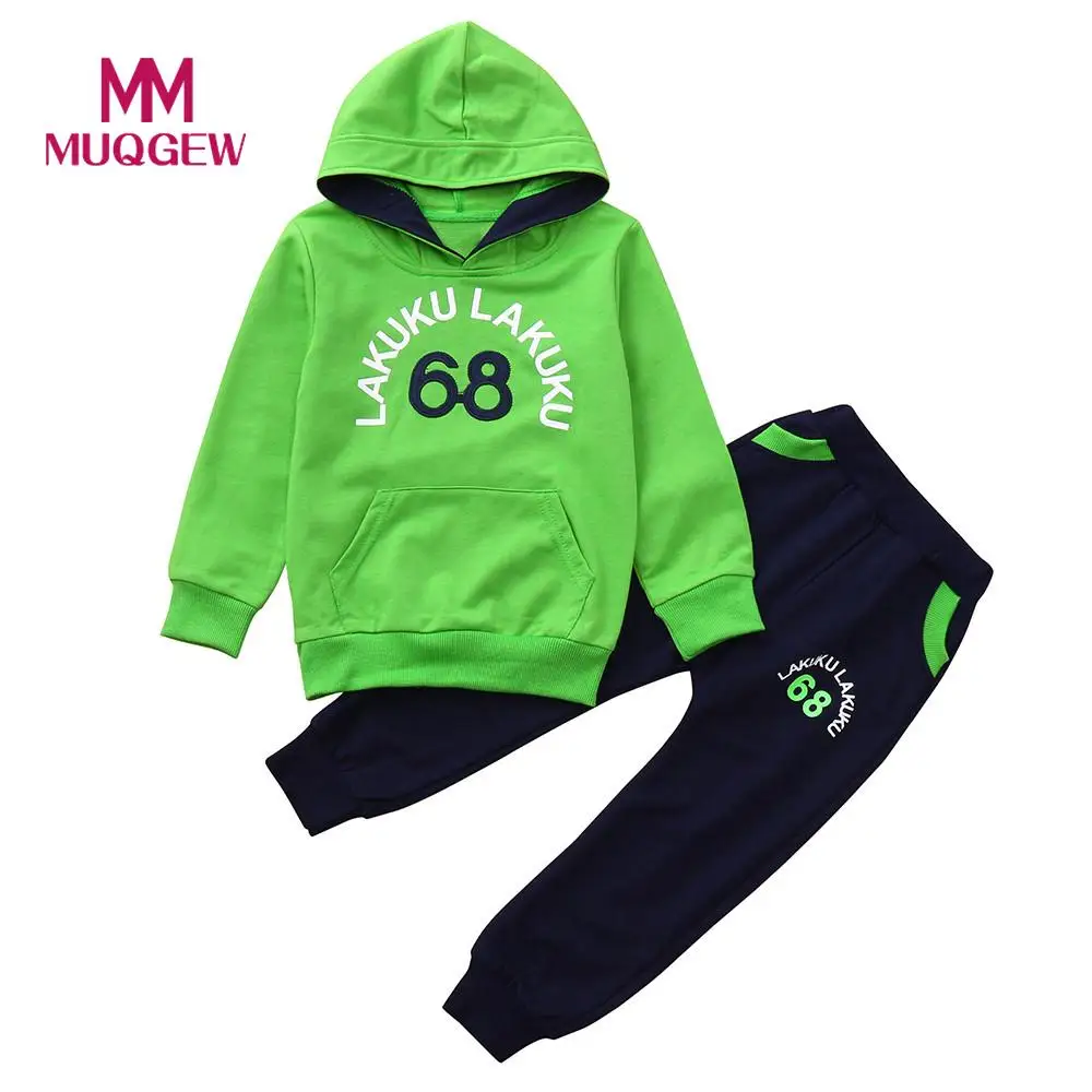 2PCS Children Kids Long Sleeves Letter Print Hooded Top Clothes+Pants ...