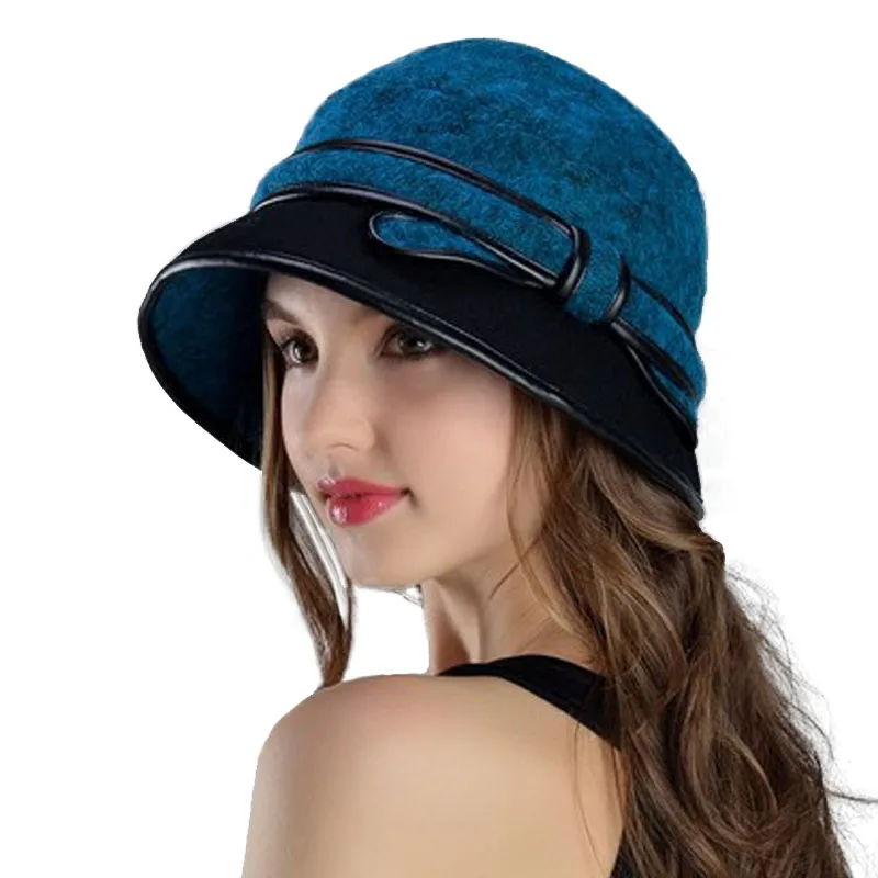 FS шерстяная фетровая шляпа с широкими полями, осенне-зимняя женская шапка, элегантная повседневная женская шапка с бантом, церковная шляпа, теплая флоппи женская шапка - Цвет: Blue