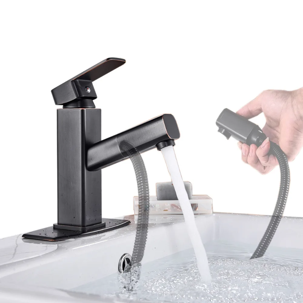 

Deck Mounted Waterfall Basin Sink Faucet Pull Out Spout Single Hole Sink Mixer Tap W/ 6" Cover Plate
