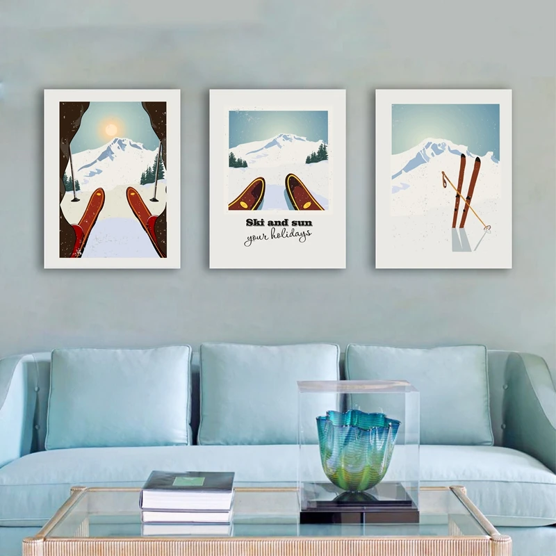 Winter Sport Skiën Art Poster Canvas Schilderij, Vintage Reizen Poster Ski In Sneeuw Mountain