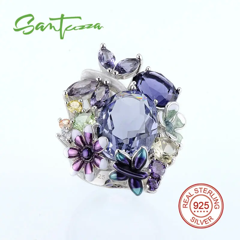 Silver Ring for Women Purple Butterfly Flower Ring Champagne CZ Elegant Ladies Ring Solid 925 Sterling Silver Ring Jewelry