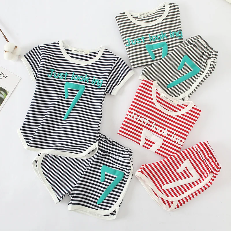 

2018 new summer children's sets boys and girls edition pure cotton letter striped round neck T-shirt shorts baby two-piece sets