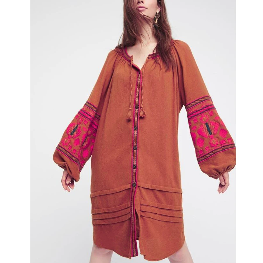 Boho платье Осень хлопок Цветочная вышивка большой фонарь длинный рукав o-образный Вырез Свободный стиль длинные хиппи Брендовые женские платья