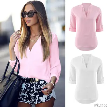 

Fashion Women's Basic V Neck Ladies Long Sleeve Loose Blouse Casual Shirt Summer Tops Pullover