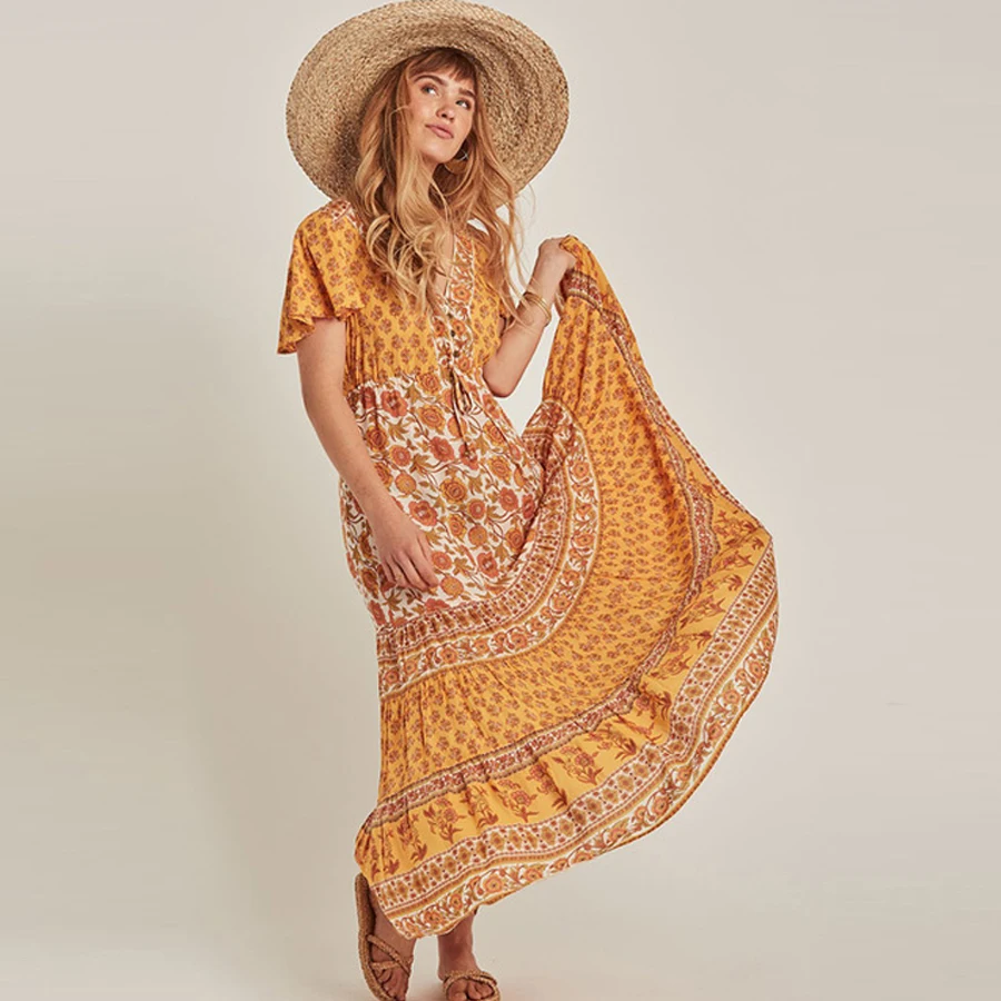 TEELYNN BOHO платье для женщин с цветочным принтом платья v ncek пляжная одежда летние