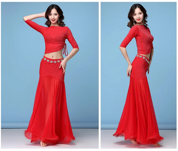 New Fashion Women Belly Dance Clothing Stretchy Shinny Fabric Off Shoulder Ruffles Maxi Long Skirts Bellydance Costume Set 2pcs