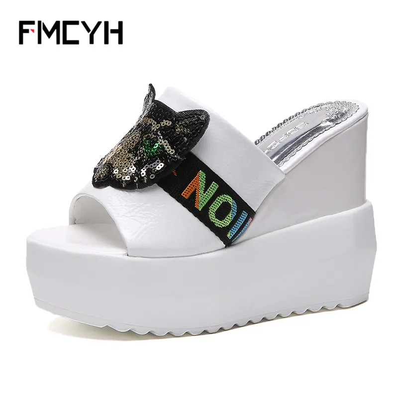 FMCYH Woman Slippers Platform Wedge High Heel Flip Flops Fashion Bling