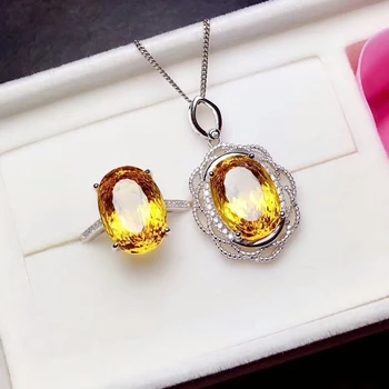 

MeiBaPJ Natural High End Process Citrine Fine Jewelry Set 925 Pure Silver Necklace and Ring Suit for Women