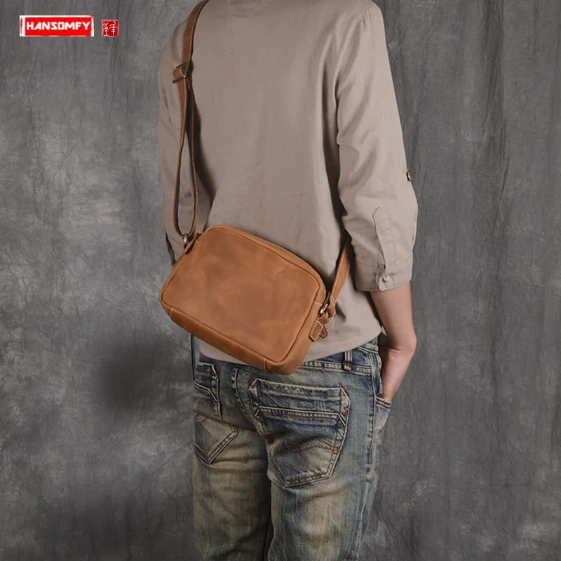 

Original hand-slung casual Men's shoulder bag simple retro genuine leather male small crossbody bag crazy horse leather bags