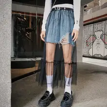 Модная юбка средней длины, женская дизайнерская индивидуальная одежда, короткая юбка, простроченная Юбка До Колена, имитация двух джинсовых юбок