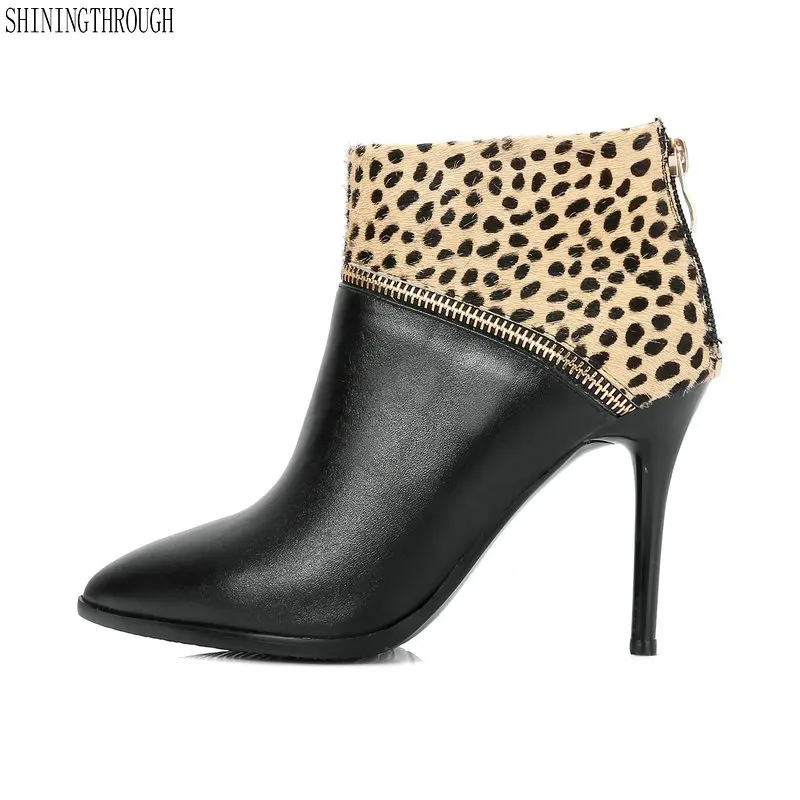 

High Quality Women Boots Genuine Leather Ankle Boots leopard autumn Boots Zapatos Chaussures Femme High Heel Women Shoes