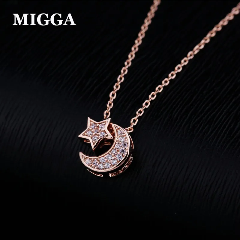 

MIGGA Rose Gold Color Cubic Zirconia Paved Mini Moon Star Clavicle Chain Necklace for Women Gift Jewelry
