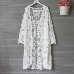 Lace Cardigan Kimono Cardigan Women Long Cardigans Embroidery White Shirt Korean Clothes Long Sleeve Beach Crochet