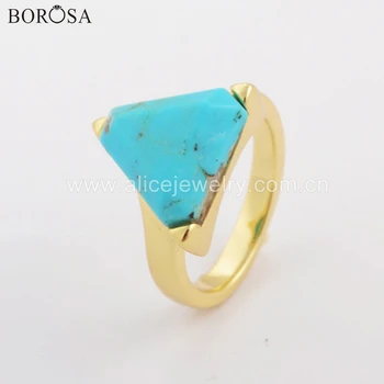 

BOROSA 5/10PCS Ring Size 4.5~6.0 Triangle Shape Gild Faceted Natural Turquoises Open Ring Blue Stones Women Rings Gifts ZG0402