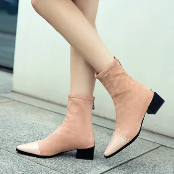 

Ladies Comfortable Low Heel Ankle Boots Fashion Zipper Boots Women Pointed Toe Autumn Winter Shoes Black Wine Red