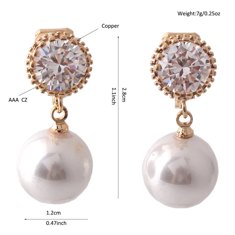 Round Shape AAA Cubic Zircon Simulated Pearl Clip on Earrings Non Piercing for Women ear clip earrings clip earrings ear clip