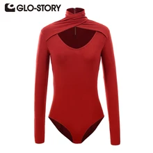 GLO-STORY Women Skinng Long Sleeve Bodysuit Jumpsuit 2017 New Deep V-Neck Sexy Solid Autumn Knitted Jumpsuits Top 4853