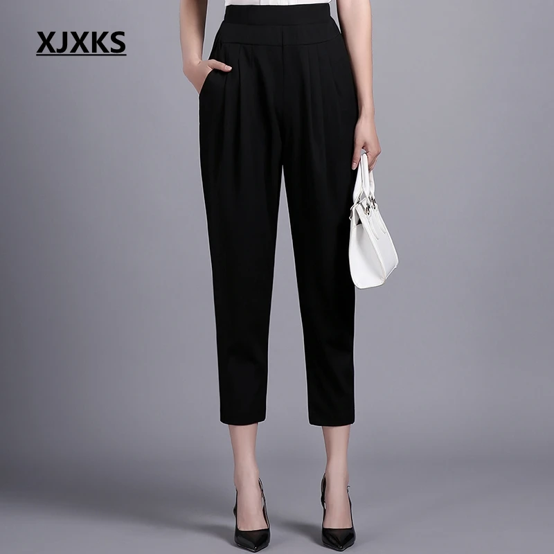 

XJXKS Women Pants Elastic Waist Pockets Casual Trousers Black Pants Spring And Summer Plus Size Fashion Young Women Pants
