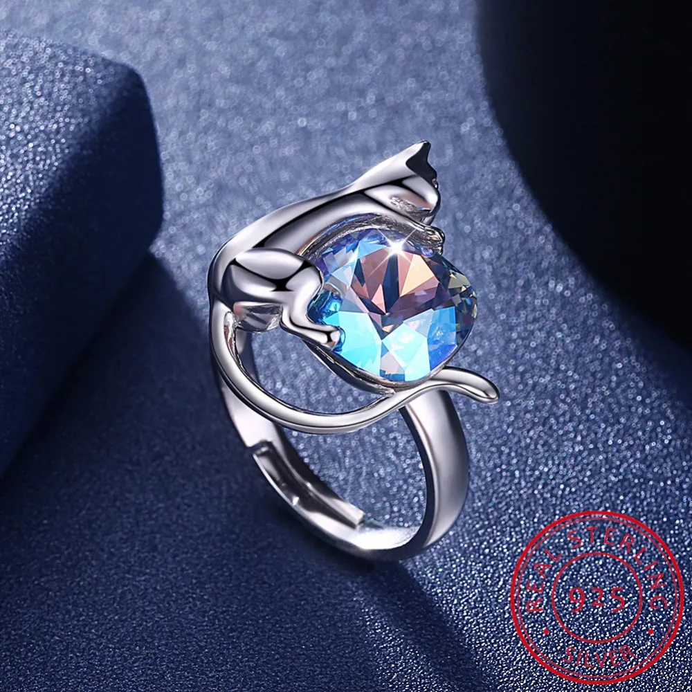 

925 Sterling Silver Cat Cute Rings for Women Christmas Gift Her Finger Ring Animal Jewelry Real Pure 925 Sterling Silver SC07